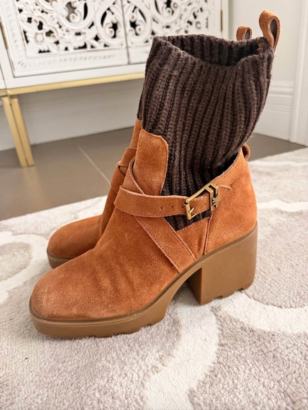 Michael Kors Tan Suede Ankle Boots with Dark Brown Knit Cuff - Picture 1 of 3